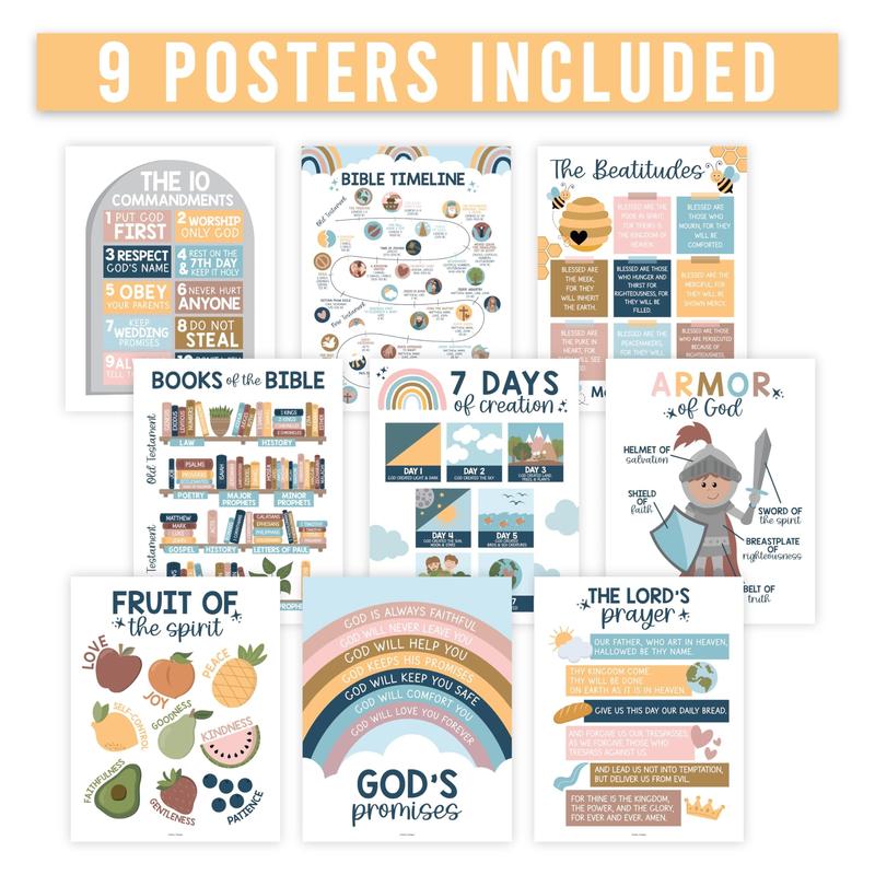 9 Boho Sunday School Decorations For Classroom - Sunday School Posters, Christian Posters, Christian Classroom Decor, Books Of The Bible Poster, 10 Commandments For Kids, Bible Timeline Chart