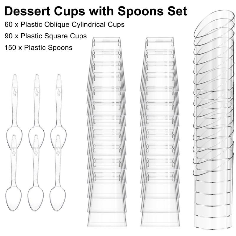 mwellewm 150 Packs Mini Dessert Cups with Spoons, Clear Plastic Dessert Parfait Cups for Parties, Dessert Shooters Fruit Ice Cream Pudding Appetizer Cups (Oval, Square,3oz, 5oz)