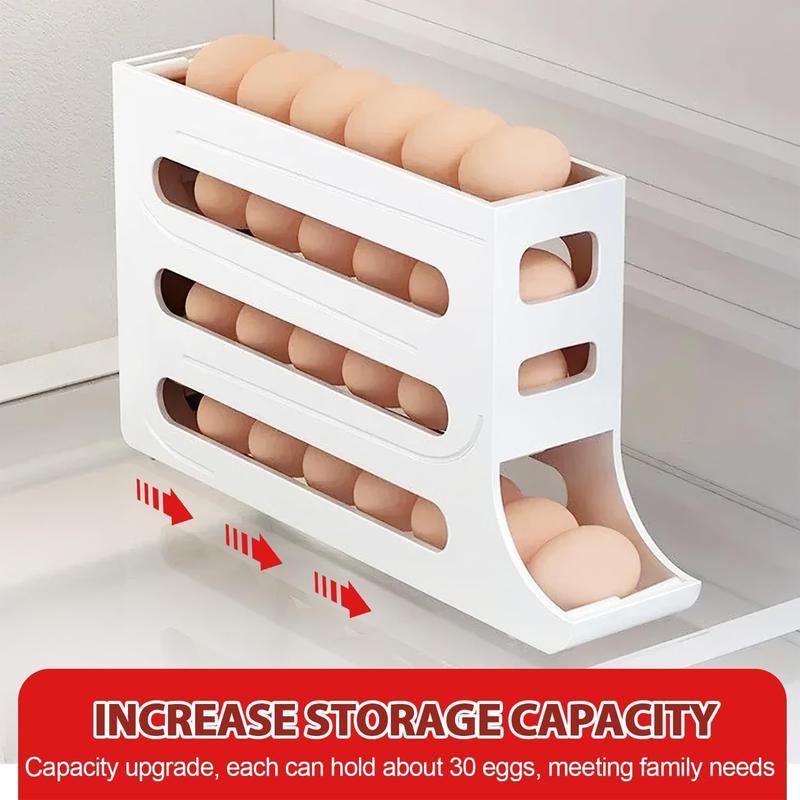 White 30-Egg Refrigerator Organizer, Egg Storage Box, Auto-Rolling Egg Dispenser, Space-Saving 4-Tier Egg Holder, Large Capacity Egg Storage Rack