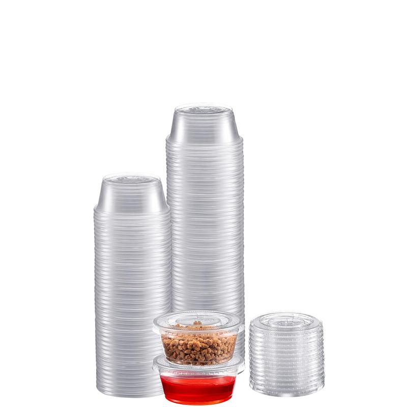 Portion Cups with Lids (2 Ounces, 100 Pack) | Disposable Plastic Cups for Meal Prep, Portion Control, Salad Dressing, Jello Shots| Small Plastic Condiment Container