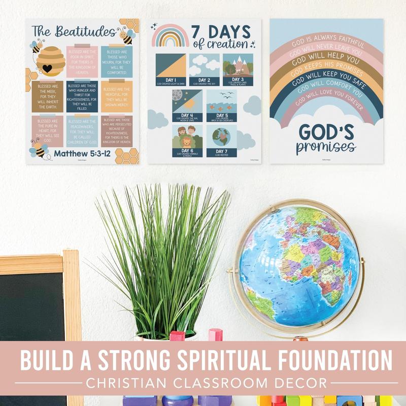 9 Boho Sunday School Decorations For Classroom - Sunday School Posters, Christian Posters, Christian Classroom Decor, Books Of The Bible Poster, 10 Commandments For Kids, Bible Timeline Chart