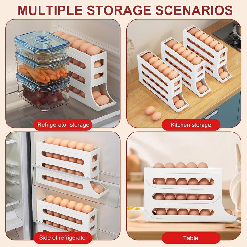 White 30-Egg Refrigerator Organizer, Egg Storage Box, Auto-Rolling Egg Dispenser, Space-Saving 4-Tier Egg Holder, Large Capacity Egg Storage Rack