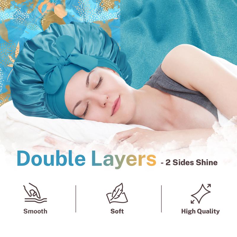 Bonnet Queen 4PCS Silky Bonnet for Sleeping, Hair Wrap Satin Bonnets Shower Cap for Black Women, Elastic Wide Band Hair Bonnet Cap Curly Hair With Tie