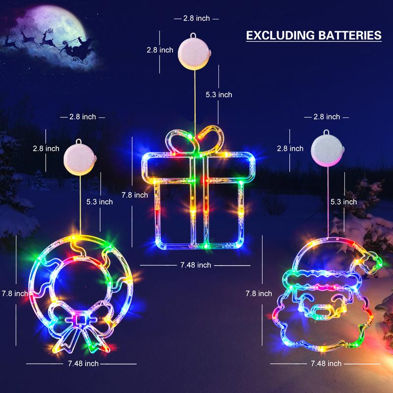 LOLStar Pack Of 3 Christmas Wreaths, Gift Box, Santa Claus Christmas Window LightsWith Suction Cups, Battery-Operated Christmas Lights, Slow Fade Mode 2024 And Function