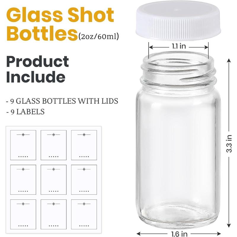 15 Pack 2 oz Glass Shot Bottles w  White Lids & 15 Labels - Small Clear Jar for Ginger, Wellness Shot, Juice, Sample, Whiskey - Travel Mini Bottles - Wide Mouth, Leakproof, Dishwasher Safe Tin Canister