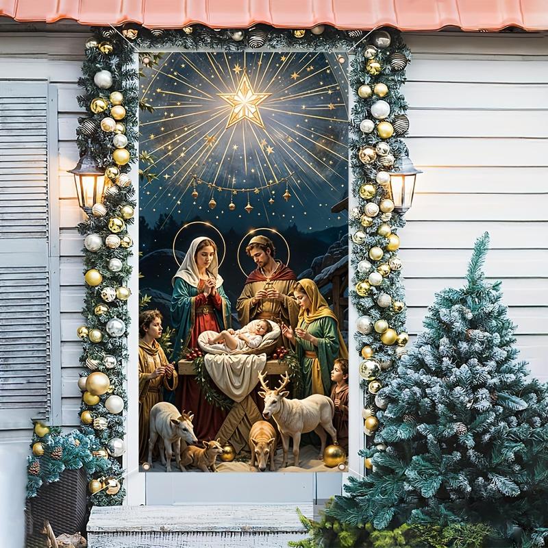 1 piece Vibrant Polyester Nativity Scene Door Banner - Durable, Bright Colors, Good Effect, Indoor Outdoor Hanging Decoration for Christmas and New Year Photography Props - 35.4*70.8 inches