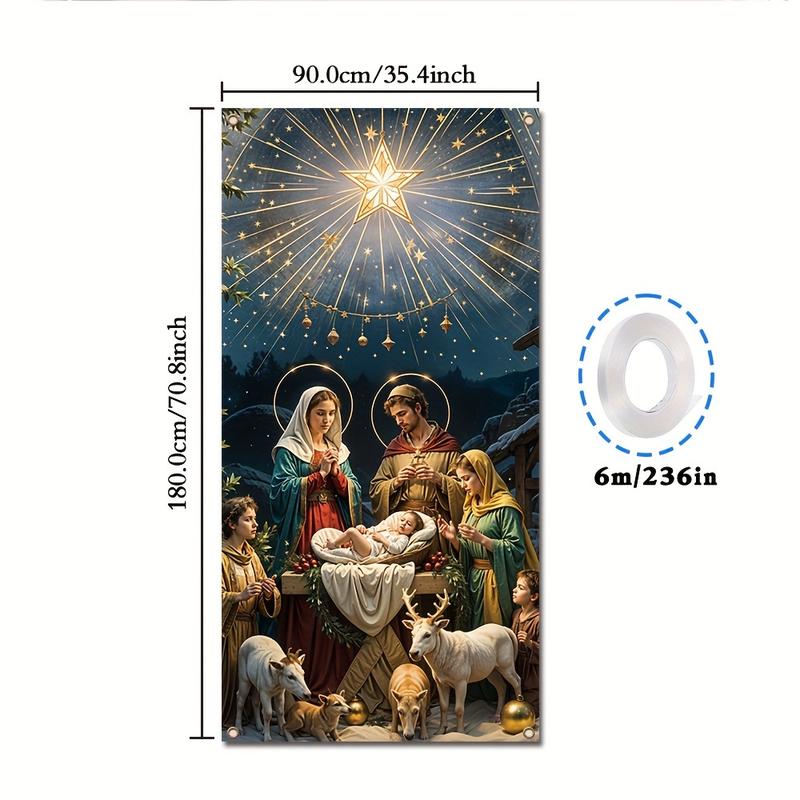 1 piece Vibrant Polyester Nativity Scene Door Banner - Durable, Bright Colors, Good Effect, Indoor Outdoor Hanging Decoration for Christmas and New Year Photography Props - 35.4*70.8 inches