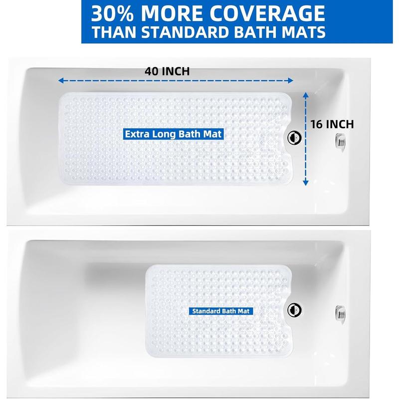 Shower and Bathtub Mat,40x16 Inches,Extra Long Non Slip Mats with Suction Cups and Drain Holes, Machine Washable and Anti Slip Bathmats, Bathroom Mats for Tub Nonslip (Clear)