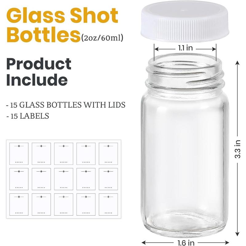 15 Pack 2 oz Glass Shot Bottles w  White Lids & 15 Labels - Small Clear Jar for Ginger, Wellness Shot, Juice, Sample, Whiskey - Travel Mini Bottles - Wide Mouth, Leakproof, Dishwasher Safe Tin Canister