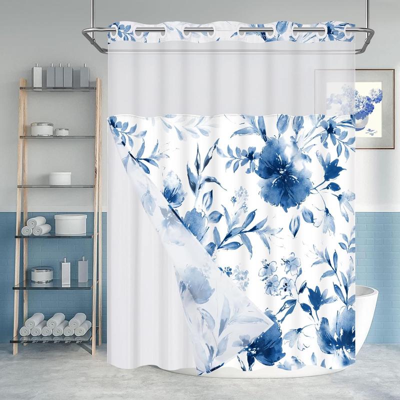 No Hook Shower Curtain with Snap in Liner, Navy Blue Floral Hotel Shower Curtain and Liner Set, Watercolor See Through Shower Curtain with Window, Double Layer, Waterproof