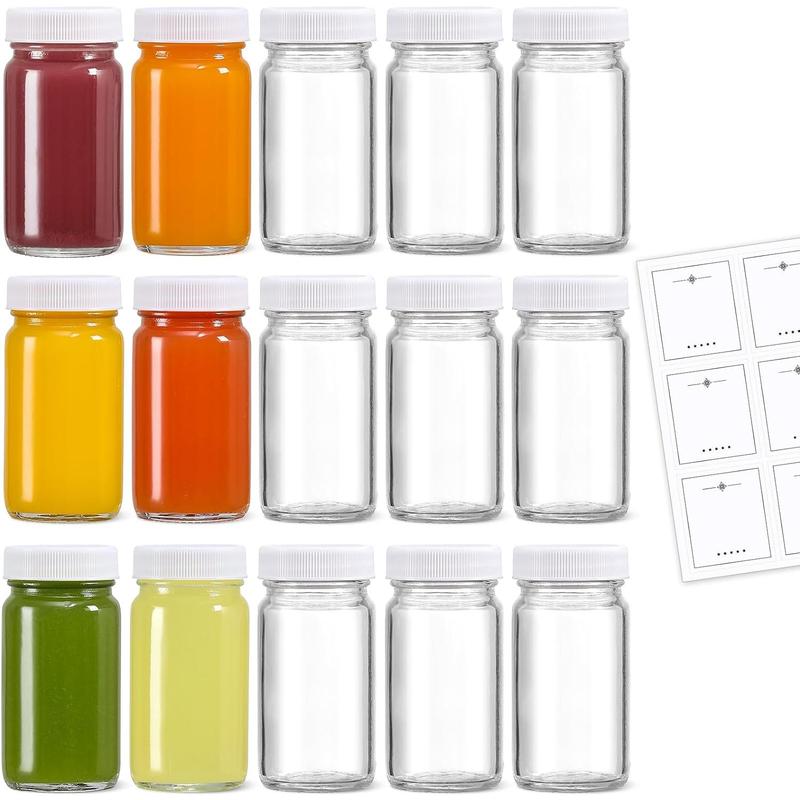 15 Pack 2 oz Glass Shot Bottles w  White Lids & 15 Labels - Small Clear Jar for Ginger, Wellness Shot, Juice, Sample, Whiskey - Travel Mini Bottles - Wide Mouth, Leakproof, Dishwasher Safe Tin Canister