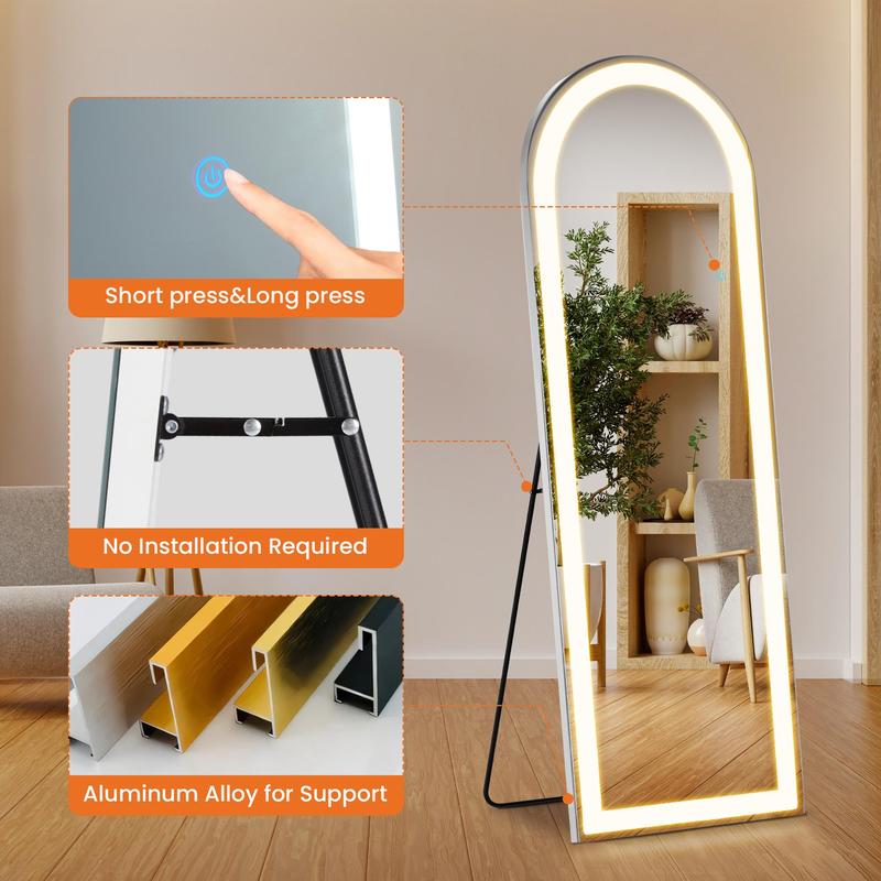 Mirror Full Length Standing Mirror with LED Lights, Lighted Floor Mirror, Dimming & 3 Color Lighting Aluminum Alloy Thin Frame Decor with Switch