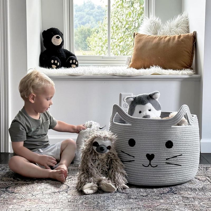 Large Woven Cotton Rope Storage Basket, Laundry Basket Organizer for Towels, Blanket, Toys, Clothes, Gifts | Pet Gift Basket for Cat, Dog - 15.7