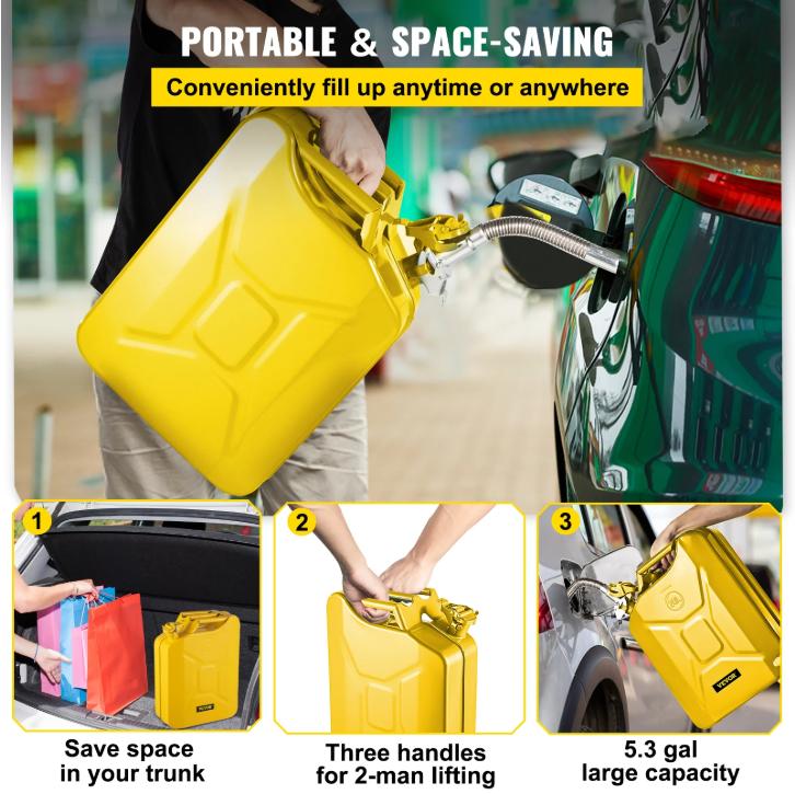 VEVOR Jerry Fuel Can, 5.3 Gallon   20 L Portable Jerry Gas Can, Yellow - Bottles, Organiser