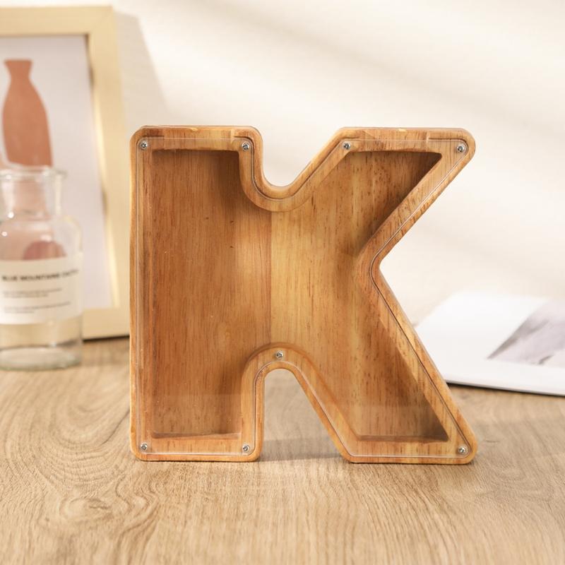 Letter Piggy Bank Wooden Coin Money Saving Box Jar Coins Storage Box Desktop Ornament Home Decor Crafts Gift (K), Room Decoration , Transparent display