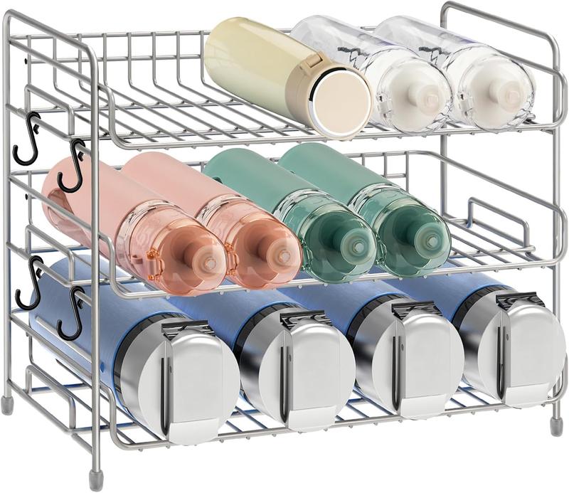 Water Bottle Organizer, 3-Tier Water Bottle Organizer for Cabinet, Tumbler Travel Cup Holder, Pantry Kitchen Stackable Storage Rack for Shaker Bottle, Baby Bottle, Wine, Can, Cup, Drying Rack