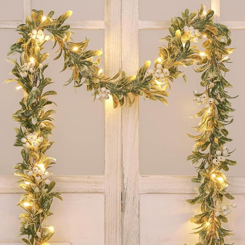 6FT Christmas Garland, Pre-lit Christmas Garland with 20LED Lights, Lighted Christmas Garland Olive Christmas Garland with Snowflakes Berry Christmas Garland for Mantle Fireplace