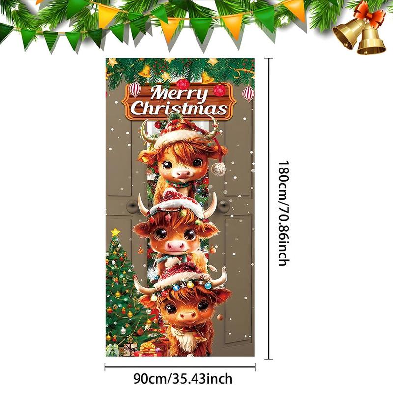 Cute Cow Pattern Christmas Door Banner, 1 Count Merry Christmas Door Hanging Banner, Festive Backdrop for Home Living Room Bedroom Party Decor