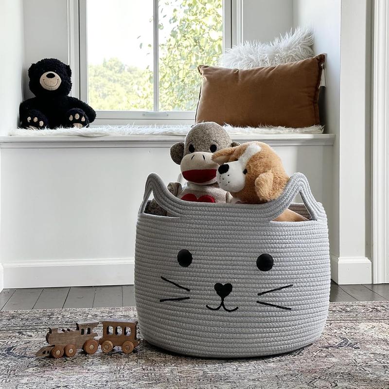 Large Woven Cotton Rope Storage Basket, Laundry Basket Organizer for Towels, Blanket, Toys, Clothes, Gifts | Pet Gift Basket for Cat, Dog - 15.7