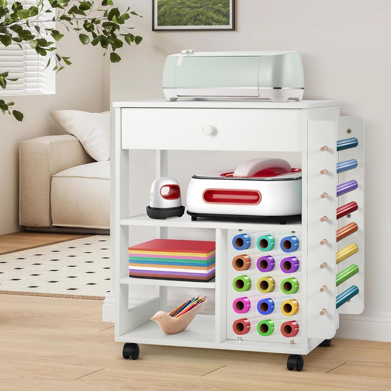 Rengue Craft Organizers and Storage Cart, Versatile Rolling Cart with Vinyl Roll Holder Compatible with Cricut Machine, Table Workstation Ideal for Craft Room and Home Use