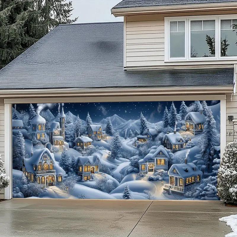 Christmas Themed House Pattern Garage Door Cover, 1 Count Windproof & Rainproof Garage Door Banner, Outdoor Holiday Decoration for Home & Garage