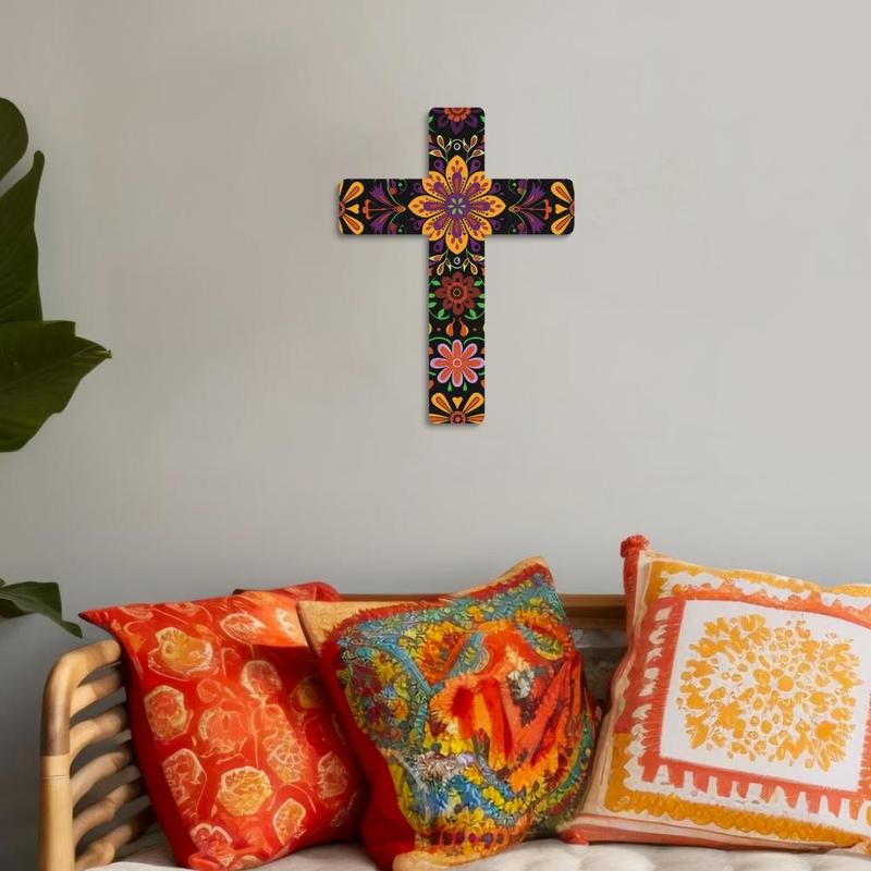 Floral Pattern Cross Decoration, 1 Count Wooden Wall Decor, Wall Mounted Festive Decoration for Home Farmhouse Living Room Church