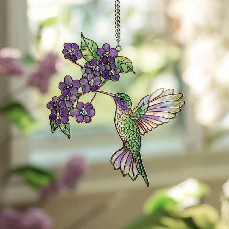 Hummingbird and Flower ACRYLIC SUNCATCHER Lilac Branch Window Hanging Ornament For Plant Lover Lilac Lovers Bird Nerd Bird Lovers Gift