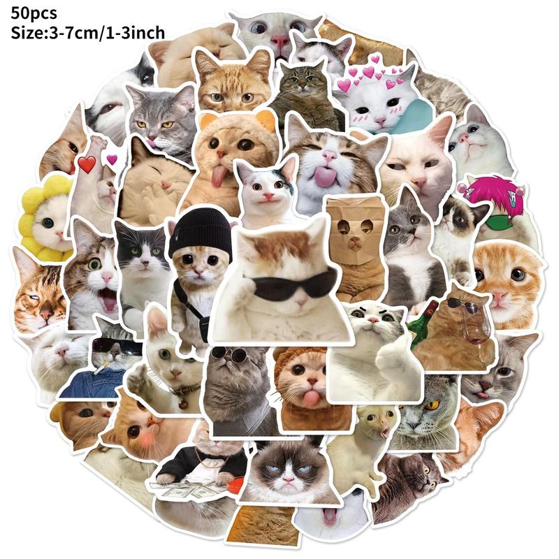 50pcs Cute Cartoon Cat Pattern Sticker, Funny Cat Animal Waterproof Cartoon Sticker, Decoration Sticker For Computer, Guitar, Bag, Water Cup, Scrapbook