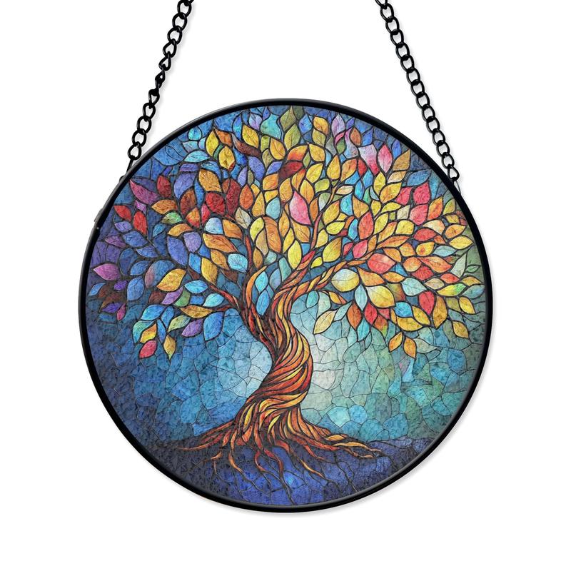 Stained Glass Tree of Life Suncatcher – Vibrant Nature-Inspired Window Hanging Art with Colorful Leaves Home Decor Door Hanger Suncatchers Decor, Stained Glass Art