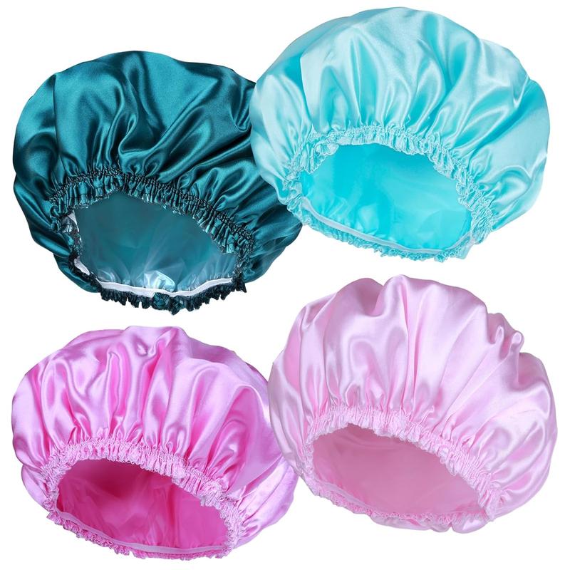 4 PCS Women's Elastic Reusable Shower Caps with Double Waterproof Layers - Solid Color - Cover