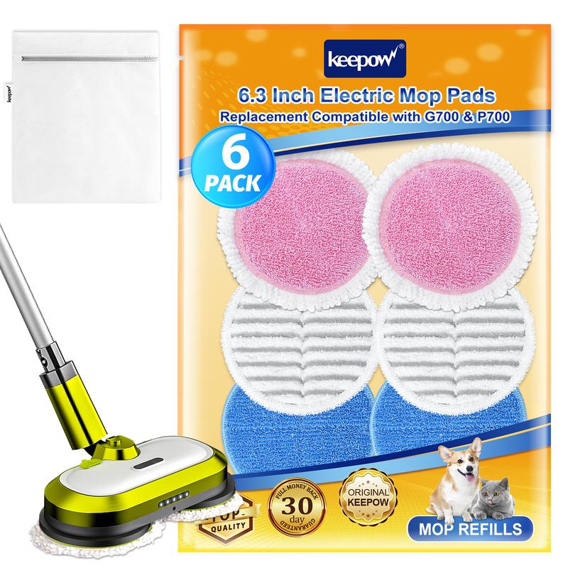 KEEPOW 6.3 Inch Electric Mop Pads Replacement Compatible with G700 & P700 Cordless Electric Mop, Microfiber Floor Cleaning Pads,4 Microfiber Pads+ 2 Polishing Pads, Round Spin Pads (6 Packs)