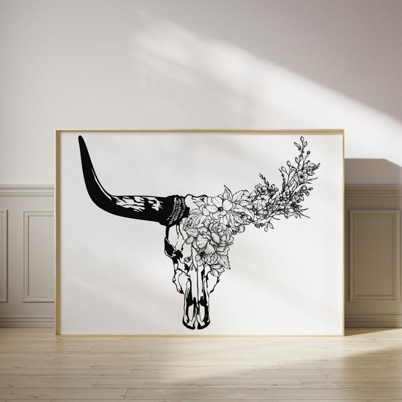 Longhorn Bull Skull Print | Black And White Cow Skull with Flowers Poster No Frame | Southwestern Art | Desert House Decor | Decor Home