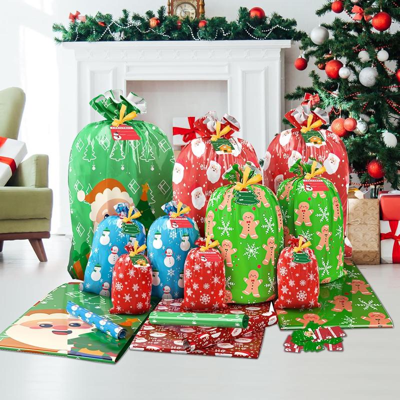 22PCS Christmas Gift Bags, 5 Styles Christmas Bags for Gifts, Holiday Reusable Christmas Gift Bags (3 X-Large, 3 Large, 5 Medium, 5 Small, 6 Mini) & 22 Cards & 16 Ribbons & 40 Ties Set Tree