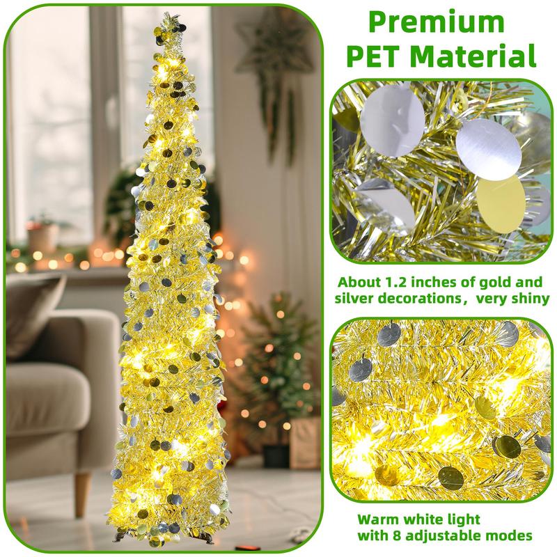 5ft Christmas Tree, 1 Count 8 Flashing Modes Warm White Light Christmas Tree, Perfect for Indoor Outdoor Party Home Decor, Christmas Decor