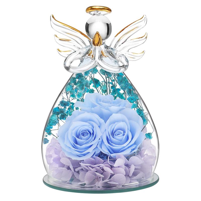 DEEMEI Christmas Preserved Flower Praying Birthday Angel Figurine Gift with Rose in Glass Cover for Her Women for Valentine's Day Ornament Decor Rose