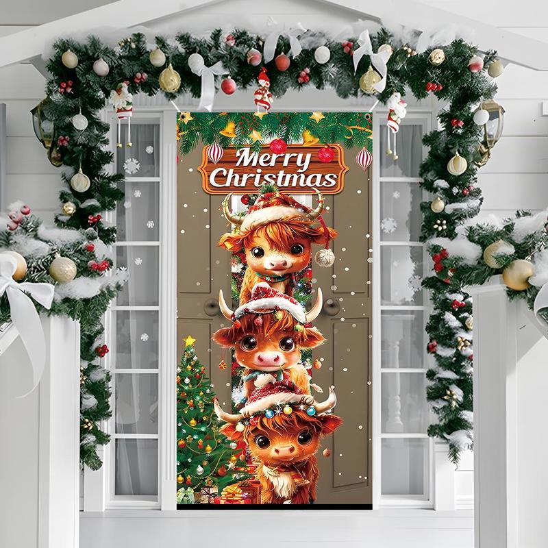 Cute Cow Pattern Christmas Door Banner, 1 Count Merry Christmas Door Hanging Banner, Festive Backdrop for Home Living Room Bedroom Party Decor