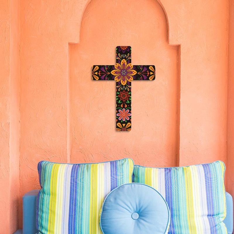 Floral Pattern Cross Decoration, 1 Count Wooden Wall Decor, Wall Mounted Festive Decoration for Home Farmhouse Living Room Church