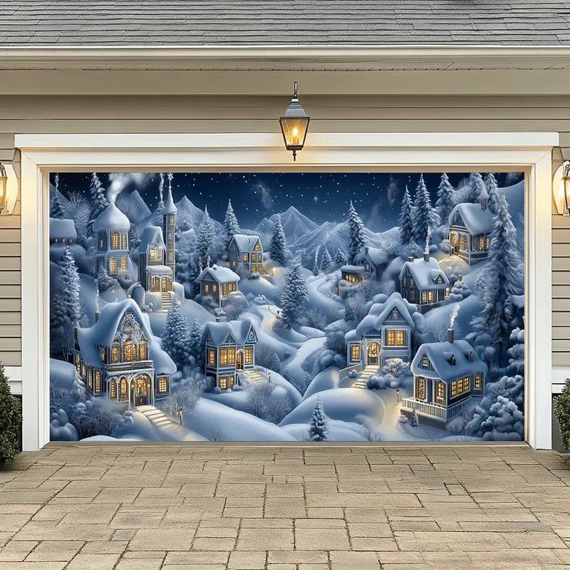 Christmas Themed House Pattern Garage Door Cover, 1 Count Windproof & Rainproof Garage Door Banner, Outdoor Holiday Decoration for Home & Garage