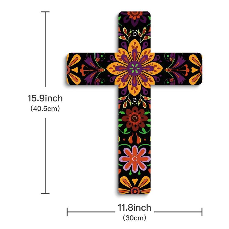 Floral Pattern Cross Decoration, 1 Count Wooden Wall Decor, Wall Mounted Festive Decoration for Home Farmhouse Living Room Church