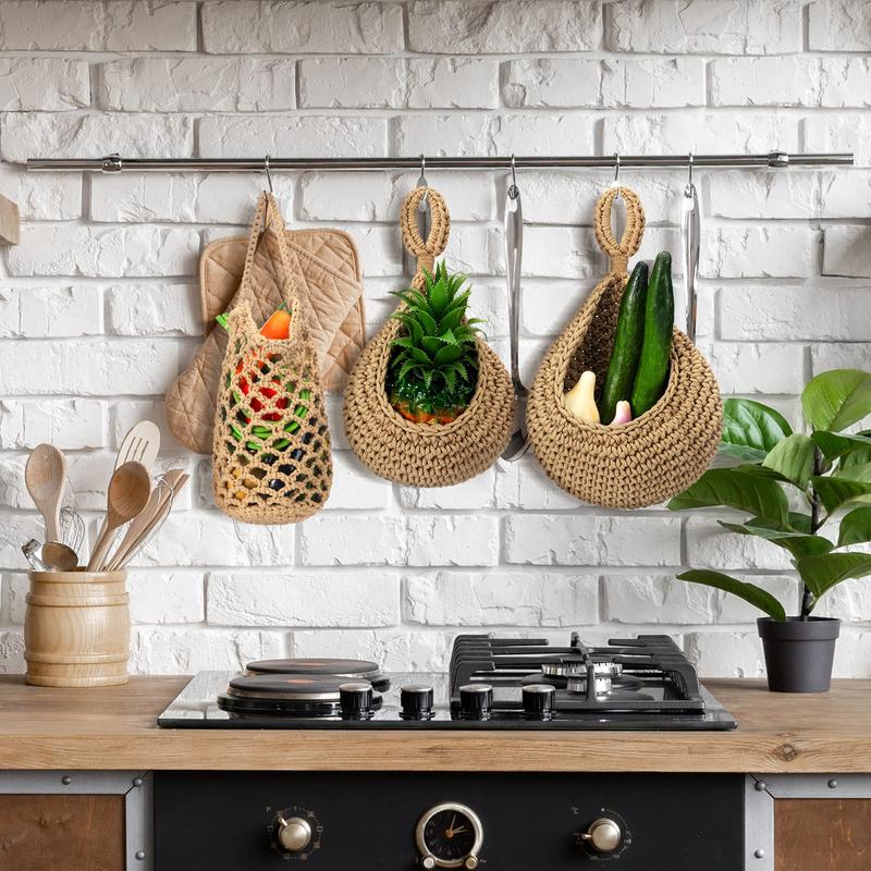 9 Pcs Jute Hanging Fruit Baskets for Kitchen Boho Hanging Basket Woven Hanging Wall Basket Storage Garlic Keeper for Potato Onion Banana Vegetable Produce Hammock Holder Home Kitchen Decor (Brown)