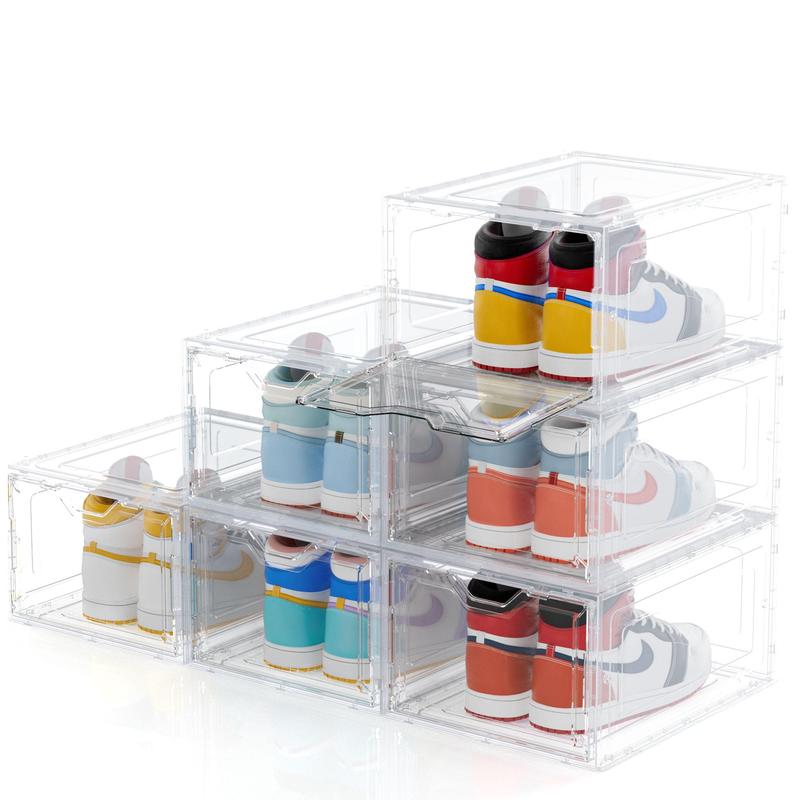 DELAMU Stylish Transparent Organizer Shoe Box: magnetic door, stackable stain-resistant design, reinforced material, suitable for shoes、bags and toys