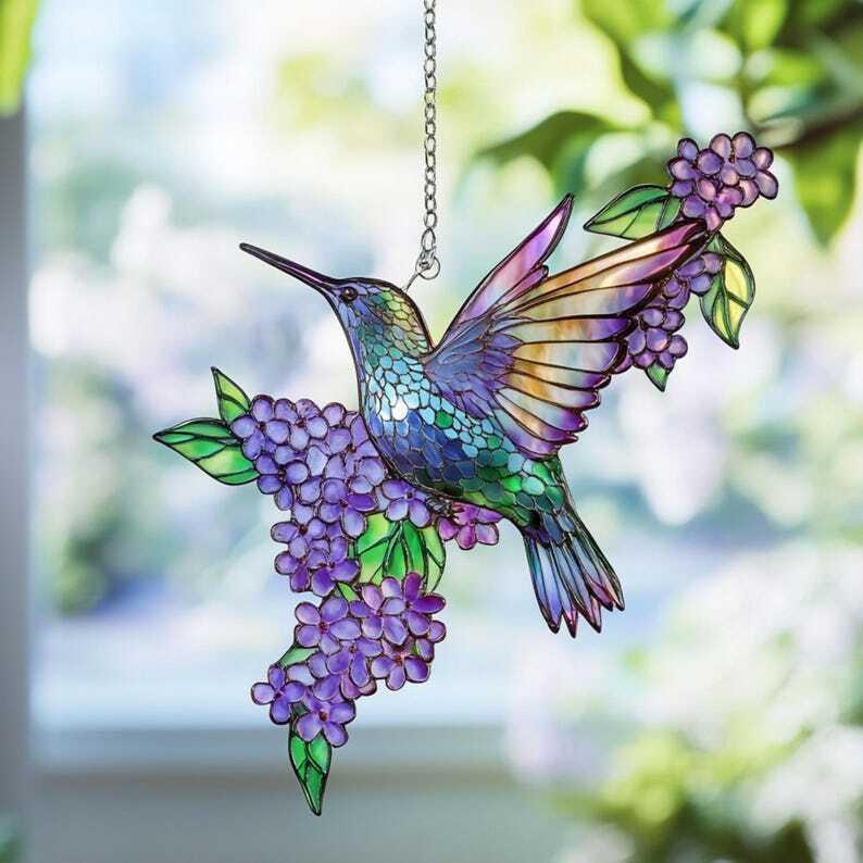 Hummingbird and Flower ACRYLIC SUNCATCHER Lilac Branch Window Hanging Ornament For Plant Lover Lilac Lovers Bird Nerd Bird Lovers Gift