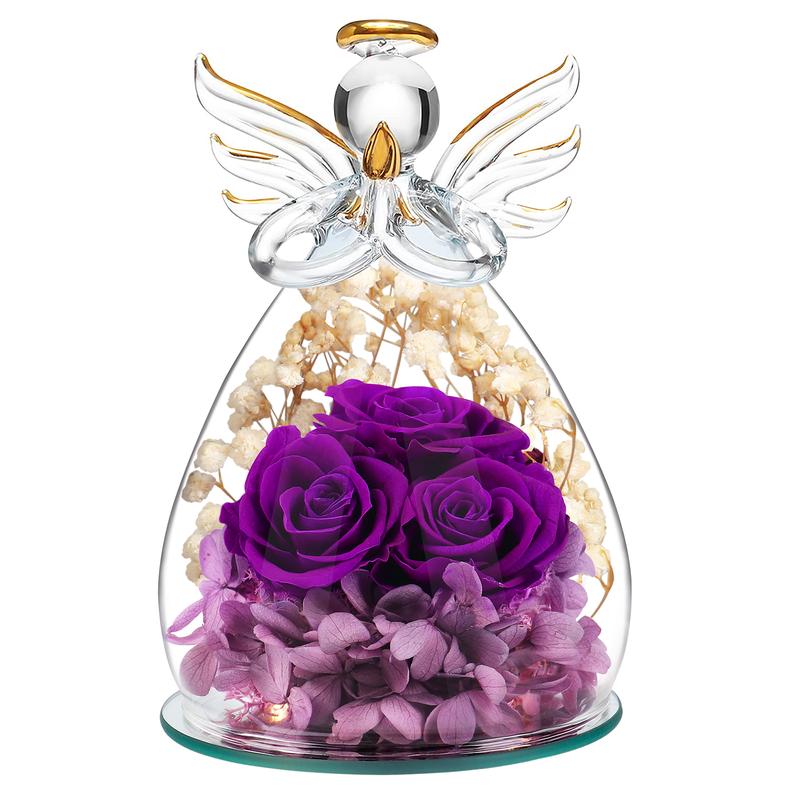 DEEMEI Christmas Preserved Flower Praying Birthday Angel Figurine Gift with Rose in Glass Cover for Her Women for Valentine's Day Ornament Decor Rose