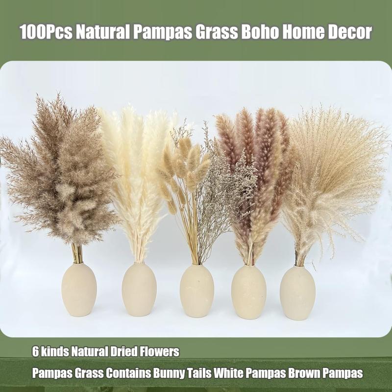 100Pcs Pampas Grass Boho Home Decor 17 inch Natural Dried Flowers-Pampas Grass Contains Bunny Tails White Pampas Brown Pampas.Boho Decor for Farmhouse Wedding Boho Wall Bathroom Office Kitchen-