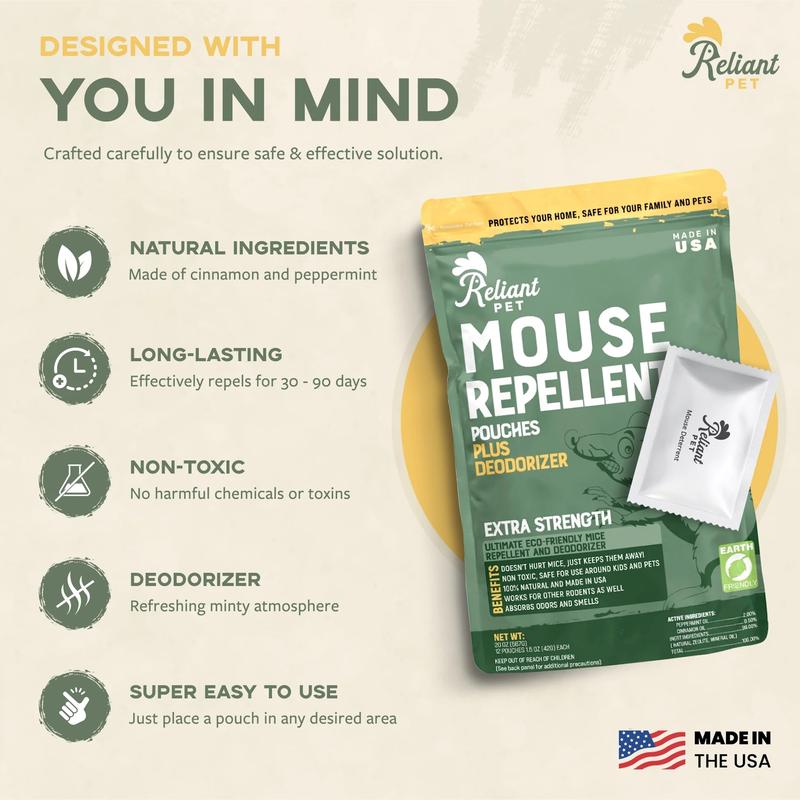 Reliant Pet - Mouse Repellent Pouches - 12 Pack - Made With Peppermint - Pet Safe