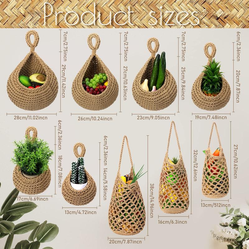 9 Pcs Jute Hanging Fruit Baskets for Kitchen Boho Hanging Basket Woven Hanging Wall Basket Storage Garlic Keeper for Potato Onion Banana Vegetable Produce Hammock Holder Home Kitchen Decor (Brown)