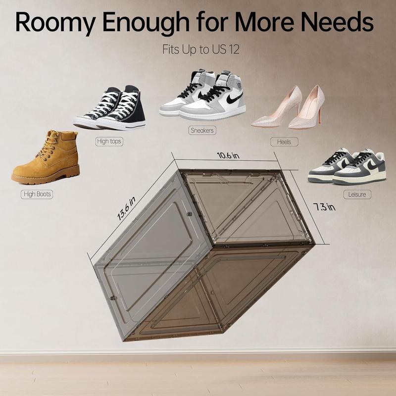 DELAMU Stylish Transparent Organizer Shoe Box: magnetic door, stackable stain-resistant design, reinforced material, suitable for shoes、bags and toys