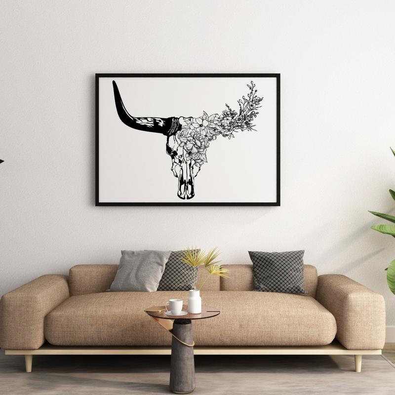 Longhorn Bull Skull Print | Black And White Cow Skull with Flowers Poster No Frame | Southwestern Art | Desert House Decor | Decor Home