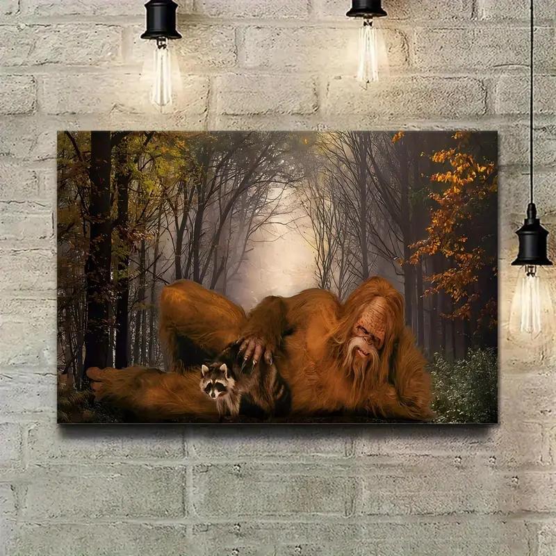 1pc Wooden Frame Canvas Painting Unique Bigfoot City Picture Frame Fabric Painting Poster Perfect for Office Corridor Home Living Room Decoration Hanging