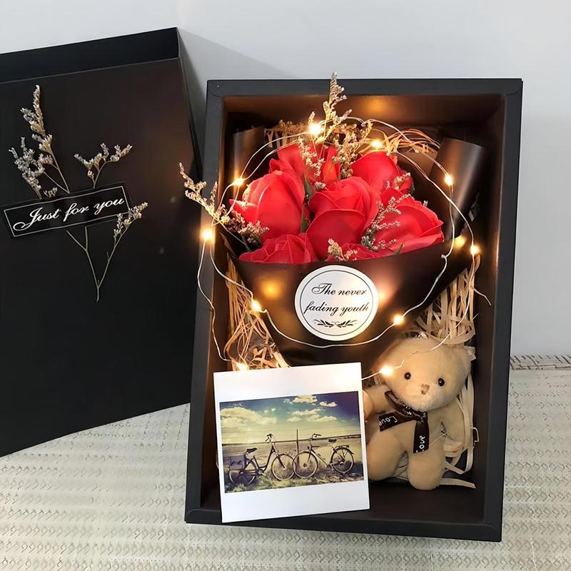 Christmas Artificial Flower Gift Box, 1 Box Soap Flower & Bear & Greeting Card & String Light, Decorative Flower Gift for Wife Girl Birthday Anniversary